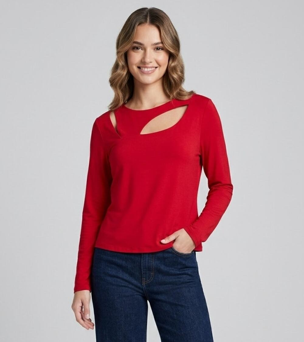 Bar III Red Asymmetric Cut Out Long Sleeve Blouse Large Holiday Party Top NWT